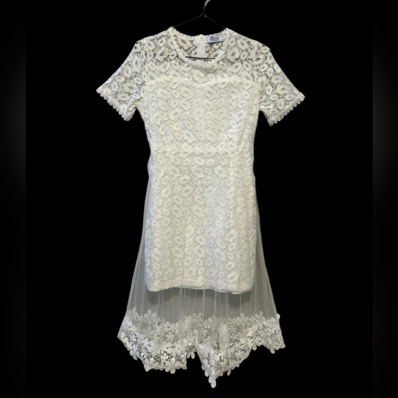White Lace Midi Dress with Tulle Overlay - Picture 1 of 4